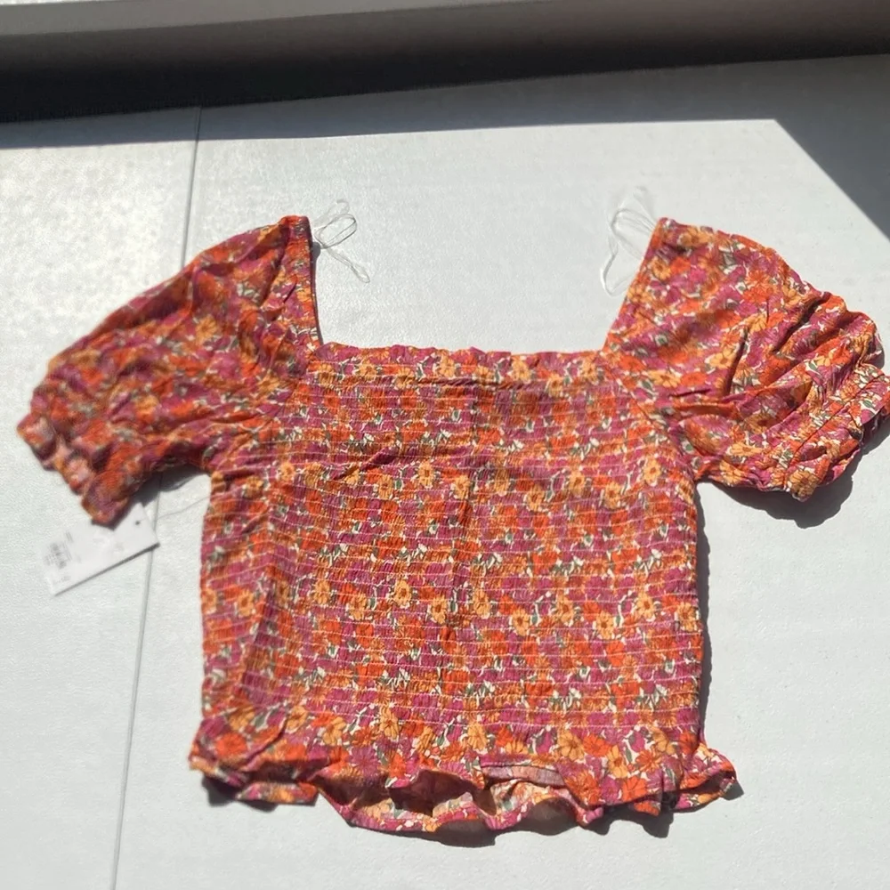 3/$24 SO crop top floral print smocked bodice puff sleeve boho cottagecore L jr - Picture 12 of 17